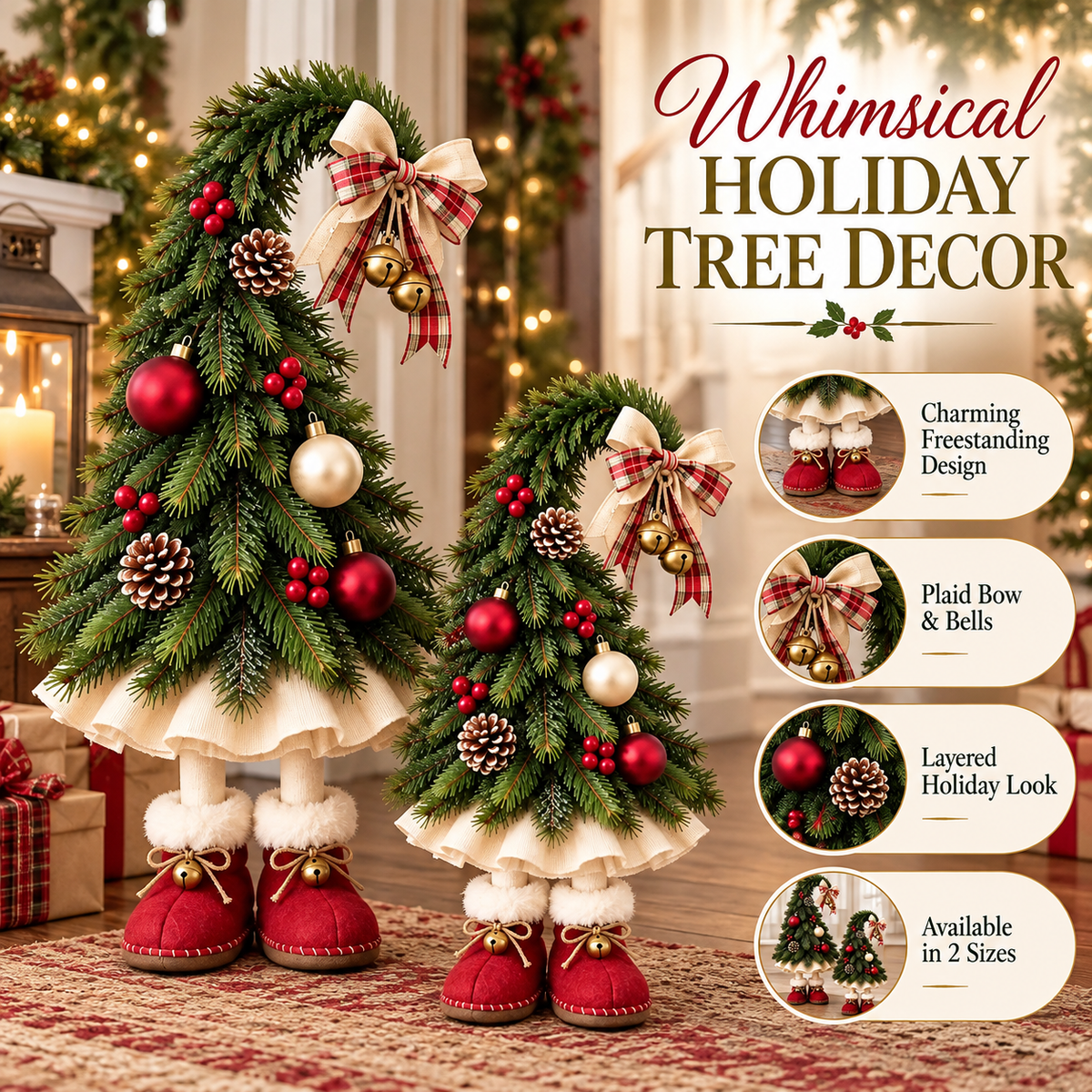 🎄 50% OFF Freestanding Christmas Tree Decor – Plaid Bow, Golden Bells & Cozy Red Boots ✨