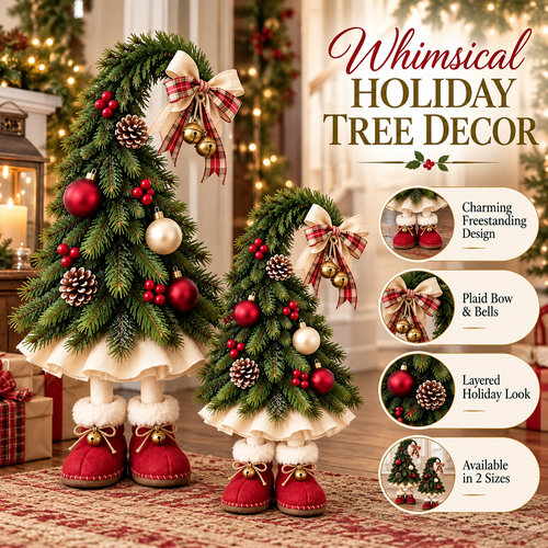 🎄 50% OFF Freestanding Christmas Tree Decor – Plaid Bow, Golden Bells & Cozy Red Boots ✨