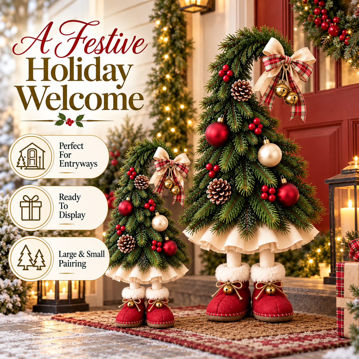 🎄 50% OFF Freestanding Christmas Tree Decor – Plaid Bow, Golden Bells & Cozy Red Boots ✨