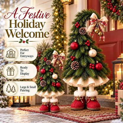🎄 50% OFF Freestanding Christmas Tree Decor – Plaid Bow, Golden Bells & Cozy Red Boots ✨