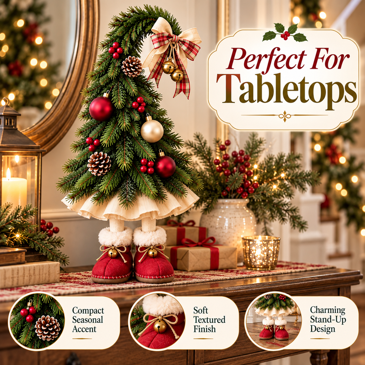 🎄 50% OFF Freestanding Christmas Tree Decor – Plaid Bow, Golden Bells & Cozy Red Boots ✨