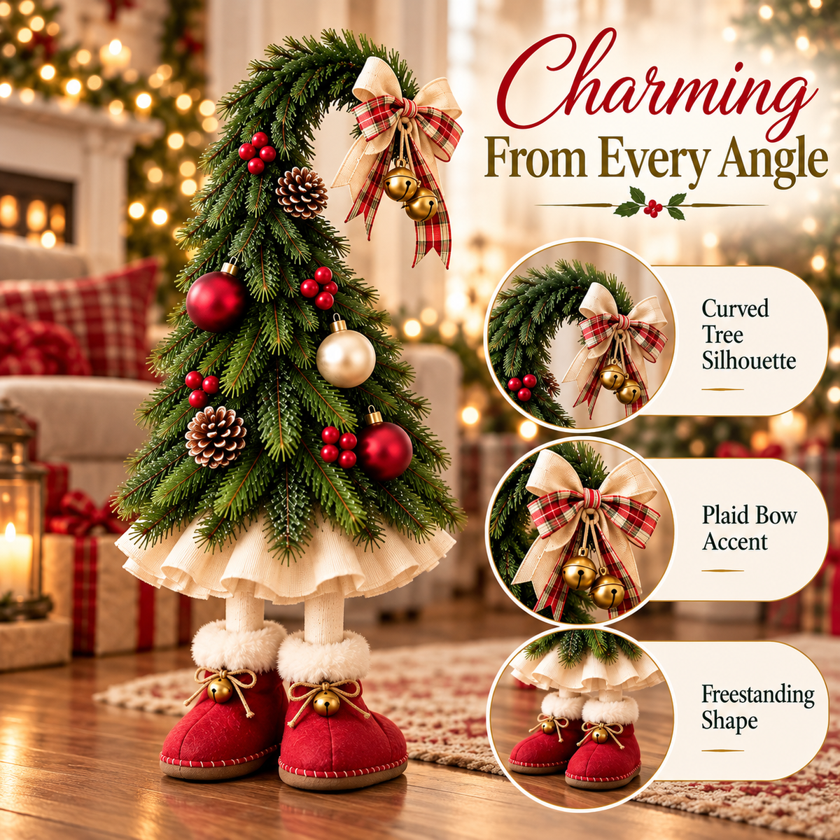 🎄 50% OFF Freestanding Christmas Tree Decor – Plaid Bow, Golden Bells & Cozy Red Boots ✨