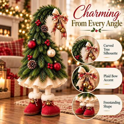 🎄 50% OFF Freestanding Christmas Tree Decor – Plaid Bow, Golden Bells & Cozy Red Boots ✨