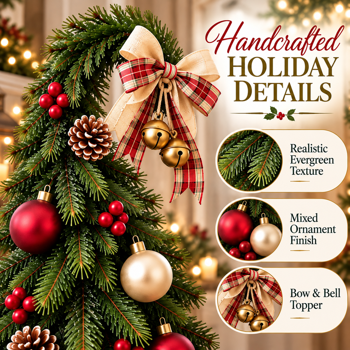 🎄 50% OFF Freestanding Christmas Tree Decor – Plaid Bow, Golden Bells & Cozy Red Boots ✨