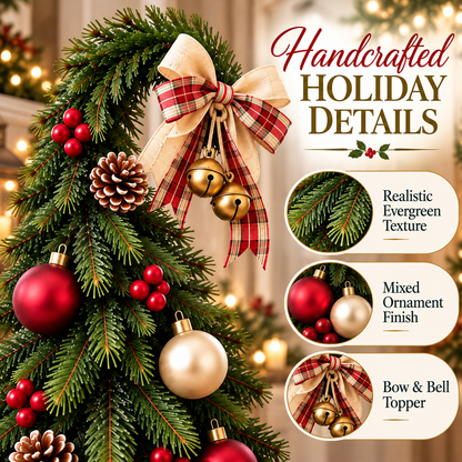 🎄 50% OFF Freestanding Christmas Tree Decor – Plaid Bow, Golden Bells & Cozy Red Boots ✨