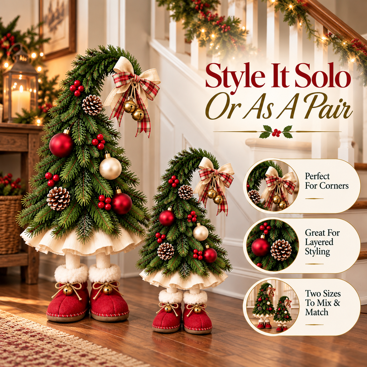 🎄 50% OFF Freestanding Christmas Tree Decor – Plaid Bow, Golden Bells & Cozy Red Boots ✨