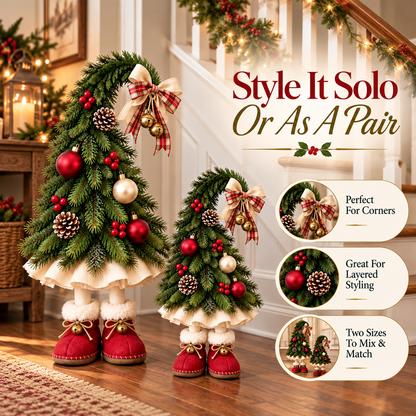 🎄 50% OFF Freestanding Christmas Tree Decor – Plaid Bow, Golden Bells & Cozy Red Boots ✨