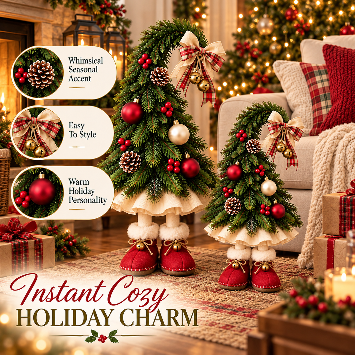 🎄 50% OFF Freestanding Christmas Tree Decor – Plaid Bow, Golden Bells & Cozy Red Boots ✨