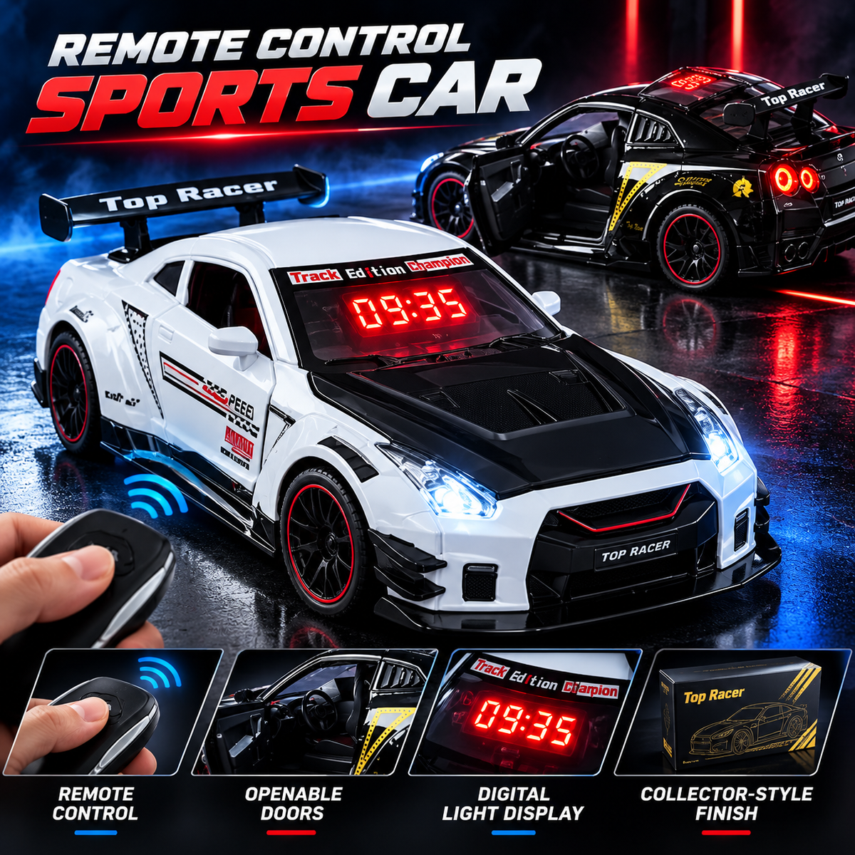 🏁 50% OFF Racing RC Car – Pick Black or White With Digital Roof Display 🎮
