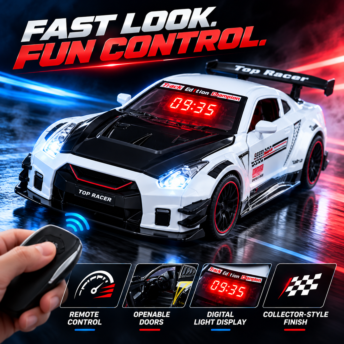 🏁 50% OFF Racing RC Car – Pick Black or White With Digital Roof Display 🎮