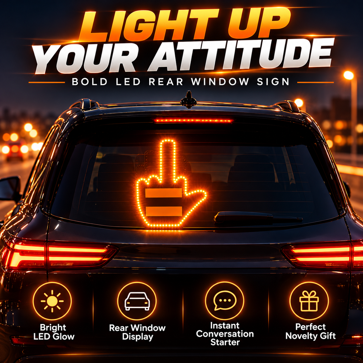 🔥 50% OFF LED Rear Window Gesture Sign – Bright Amber Car Accent 🚗