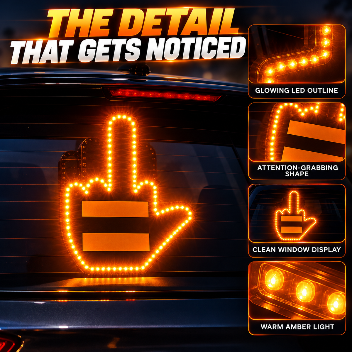 🔥 50% OFF LED Rear Window Gesture Sign – Bright Amber Car Accent 🚗