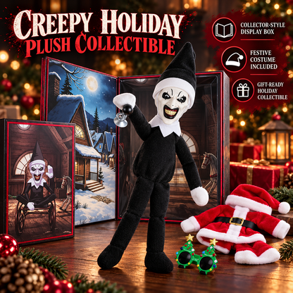 🎄 50% OFF Creepy Holiday Clown Plush – Santa Outfit, Glasses & Collector Box 🖤