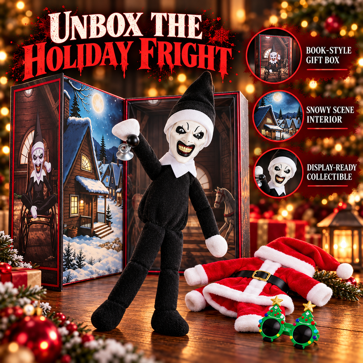 🎄 50% OFF Creepy Holiday Clown Plush – Santa Outfit, Glasses & Collector Box 🖤