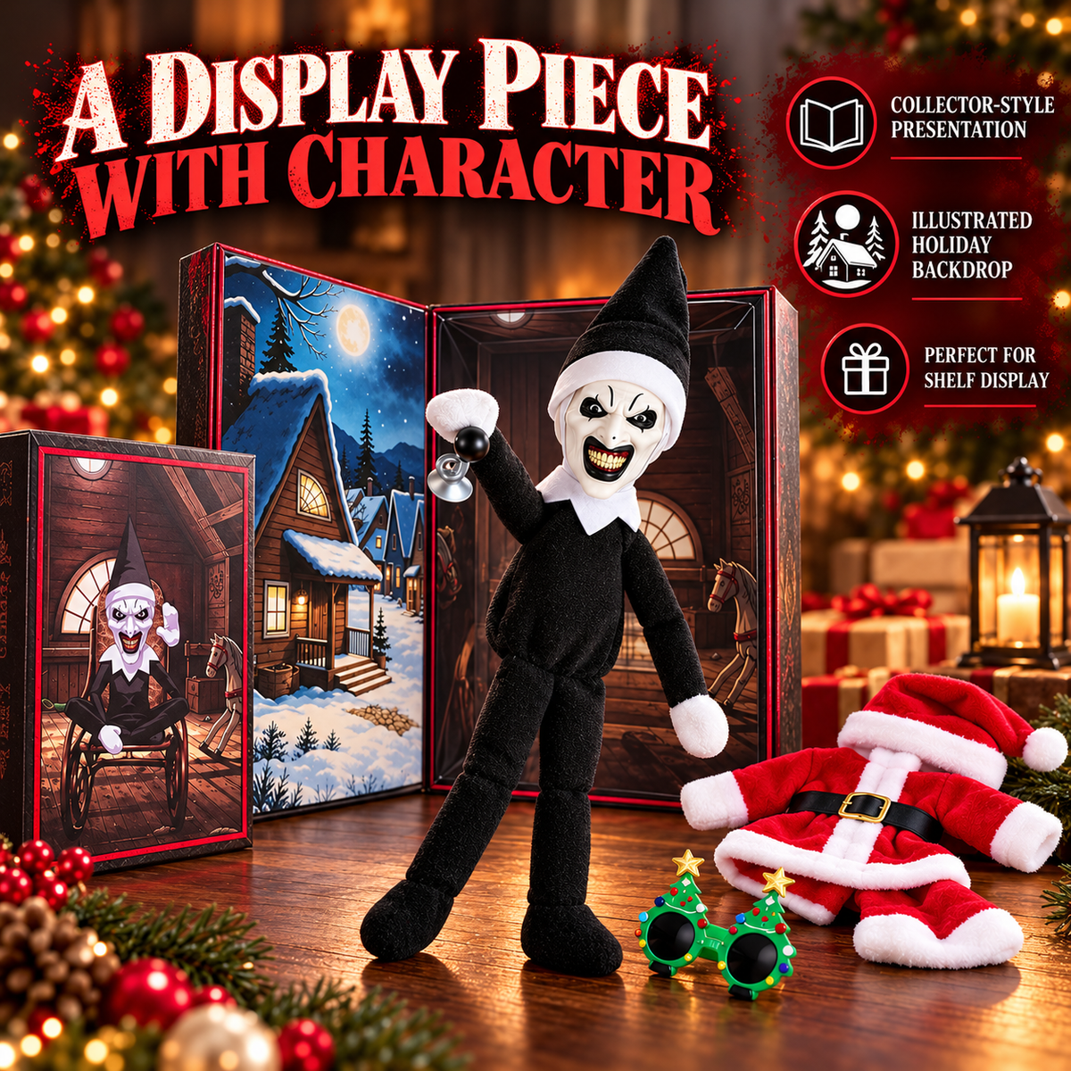 🎄 50% OFF Creepy Holiday Clown Plush – Santa Outfit, Glasses & Collector Box 🖤