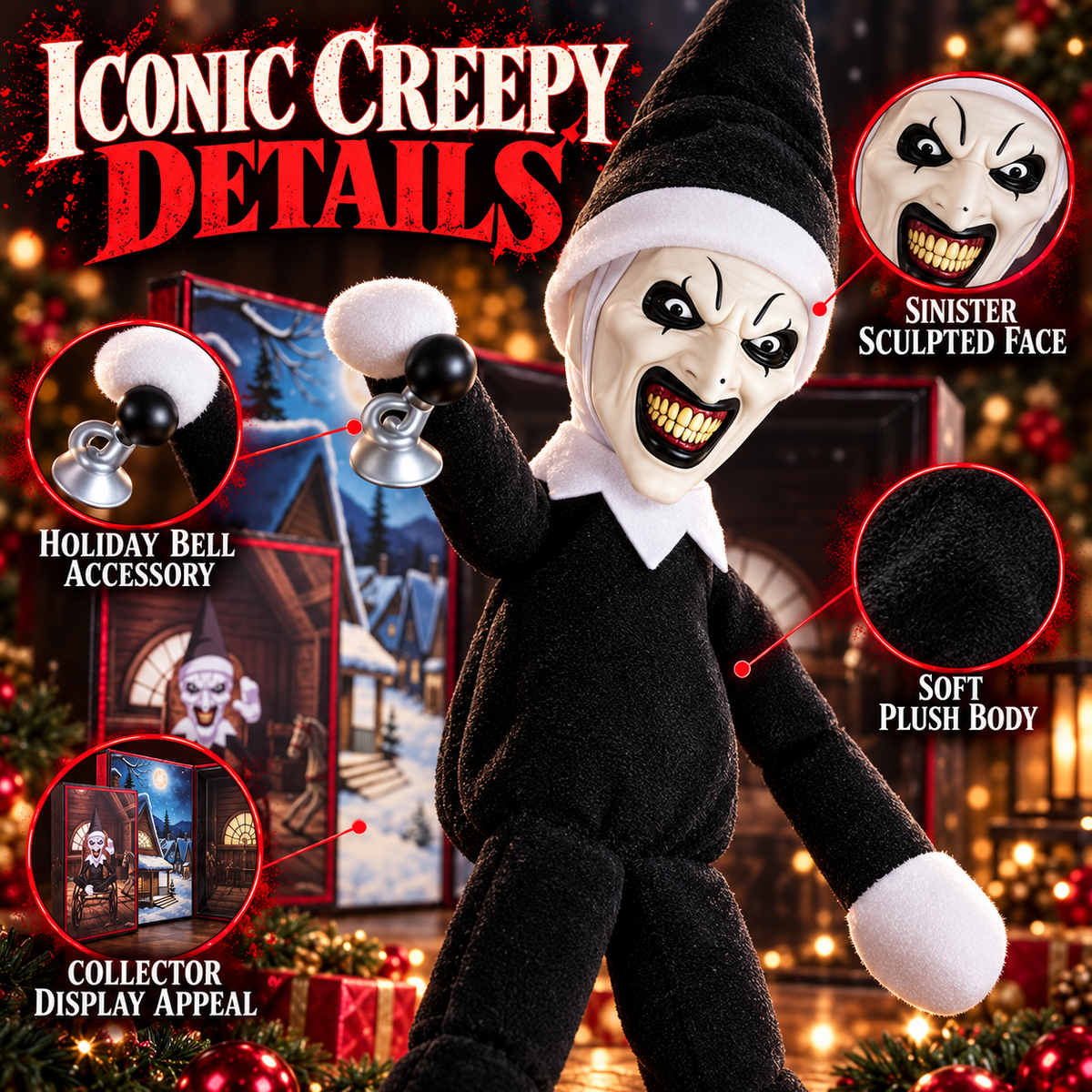 🎄 50% OFF Creepy Holiday Clown Plush – Santa Outfit, Glasses & Collector Box 🖤