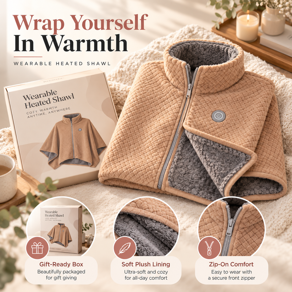🔥 50% OFF Wearable Heated Shawl – Cozy Quilted Wrap With Plush Lining 🧸