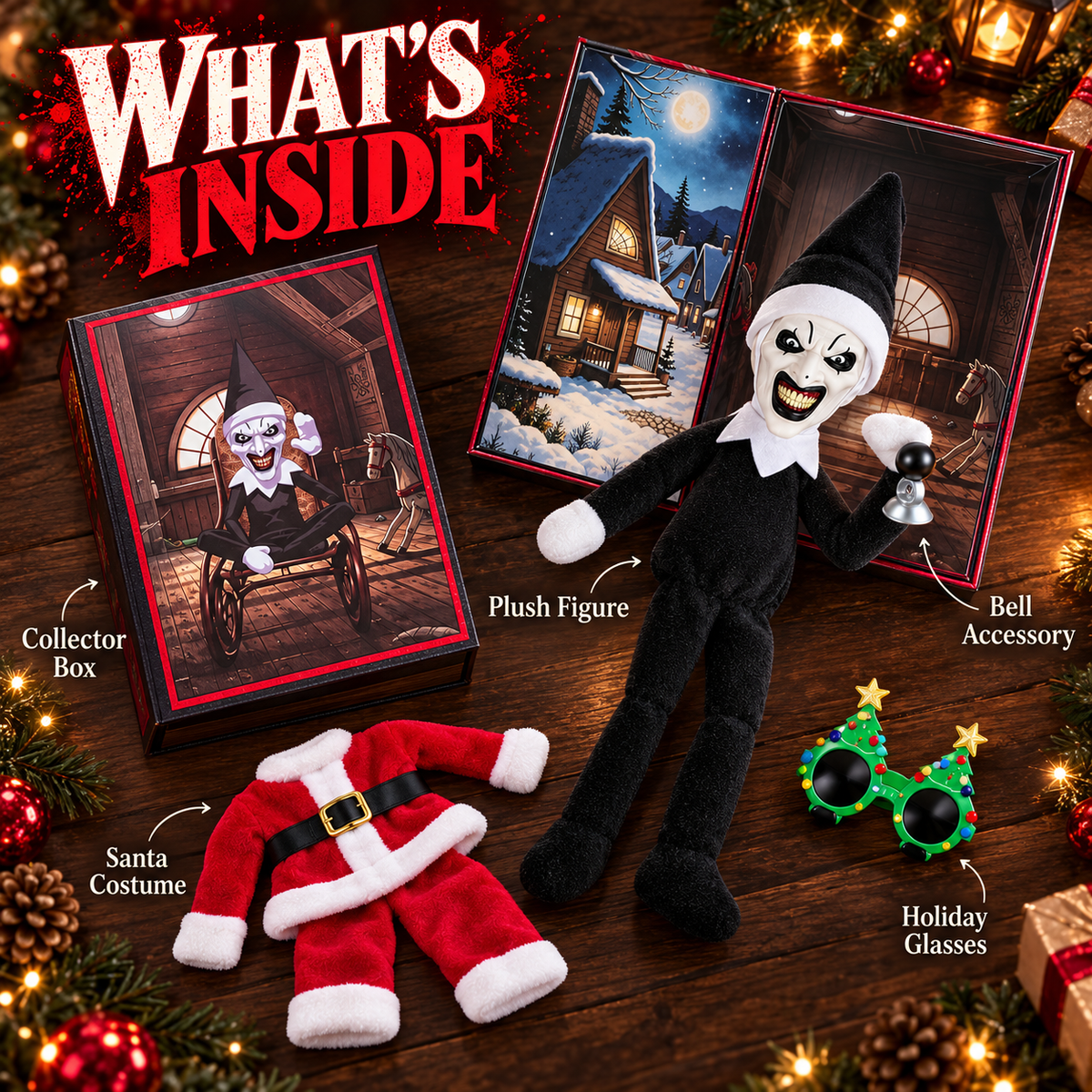 🎄 50% OFF Creepy Holiday Clown Plush – Santa Outfit, Glasses & Collector Box 🖤