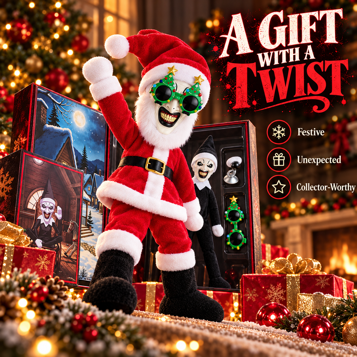 🎄 50% OFF Creepy Holiday Clown Plush – Santa Outfit, Glasses & Collector Box 🖤