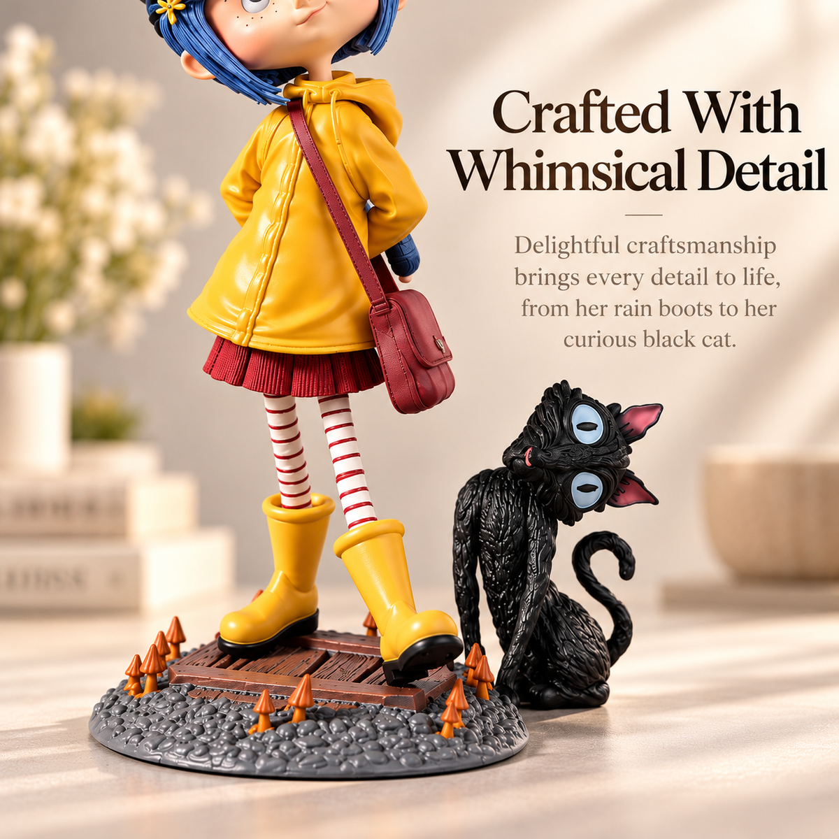 🌧️ 50% OFF Nostalgia Raincoat Girl Display – Yellow Raincoat & Black Cat Collectible 🐈