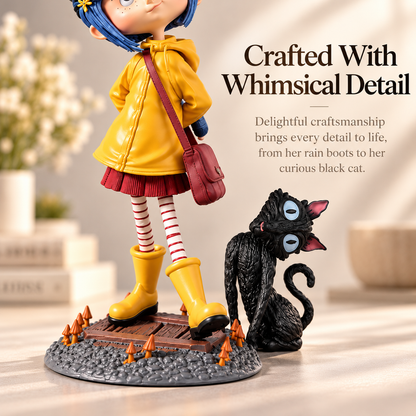 🌧️ 50% OFF Nostalgia Raincoat Girl Display – Yellow Raincoat & Black Cat Collectible 🐈