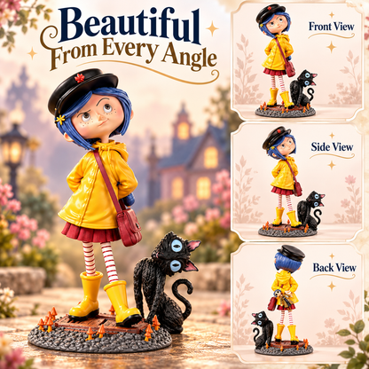 🌧️ 50% OFF Nostalgia Raincoat Girl Display – Yellow Raincoat & Black Cat Collectible 🐈