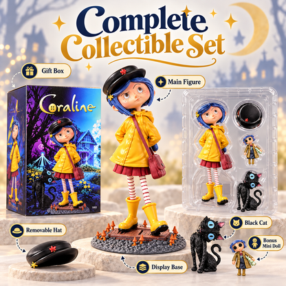 🌧️ 50% OFF Nostalgia Raincoat Girl Display – Yellow Raincoat & Black Cat Collectible 🐈