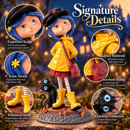 🌧️ 50% OFF Nostalgia Raincoat Girl Display – Yellow Raincoat & Black Cat Collectible 🐈