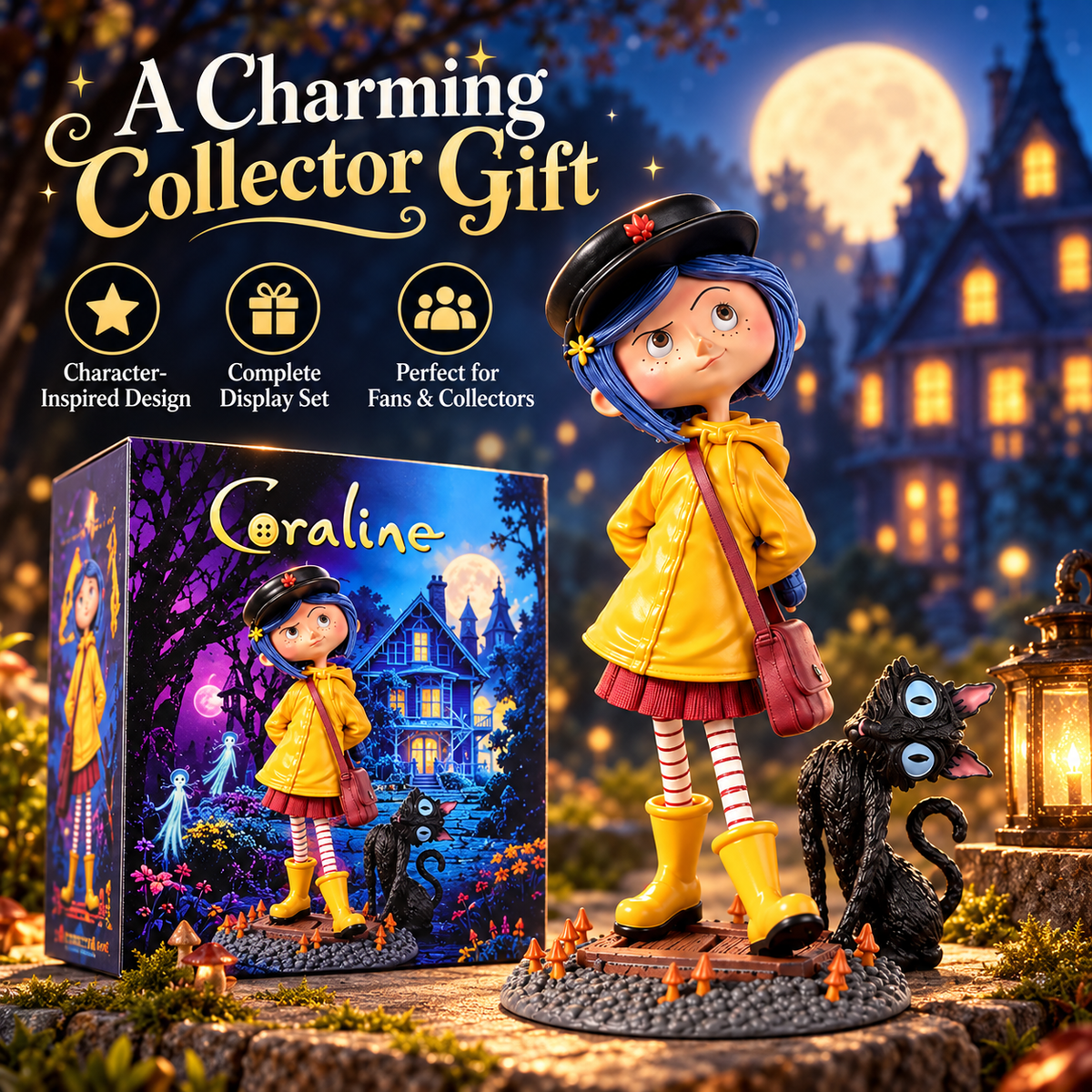 🌧️ 50% OFF Nostalgia Raincoat Girl Display – Yellow Raincoat & Black Cat Collectible 🐈