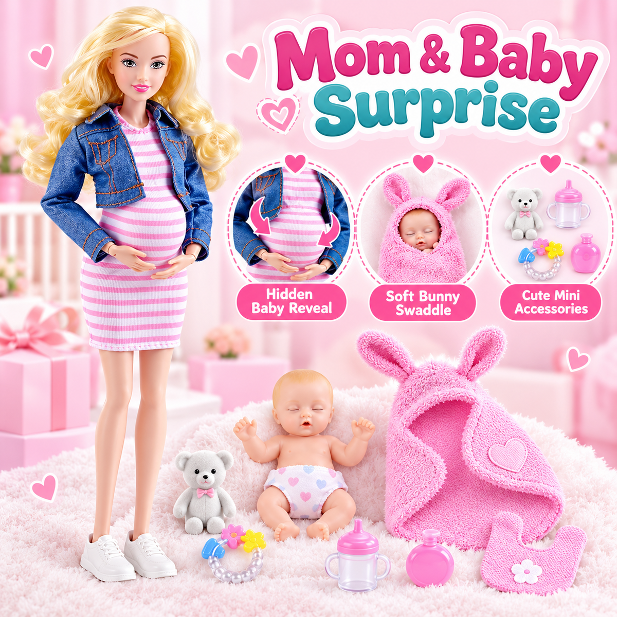 💕 50% OFF Mommy & Baby Surprise Doll Set – Hidden Baby Reveal & Cute Accessories 🎁