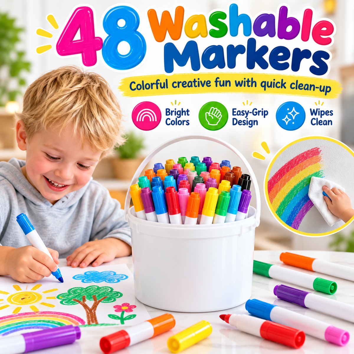🌈 48-Color Washable Kids Markers – Big Colors for Little Artists 🎨