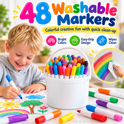 🌈 48-Color Washable Kids Markers – Big Colors for Little Artists 🎨