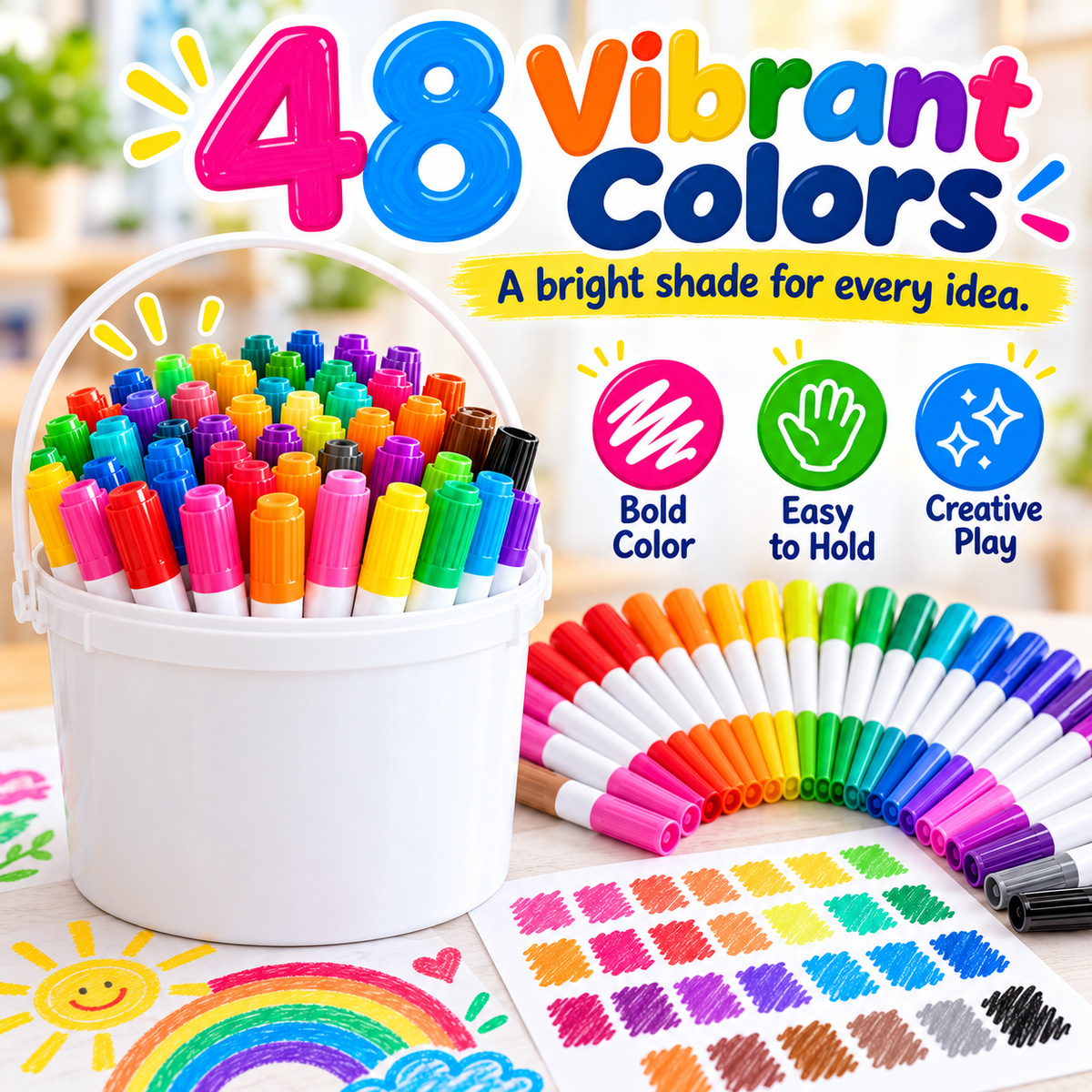 🌈 48-Color Washable Kids Markers – Big Colors for Little Artists 🎨