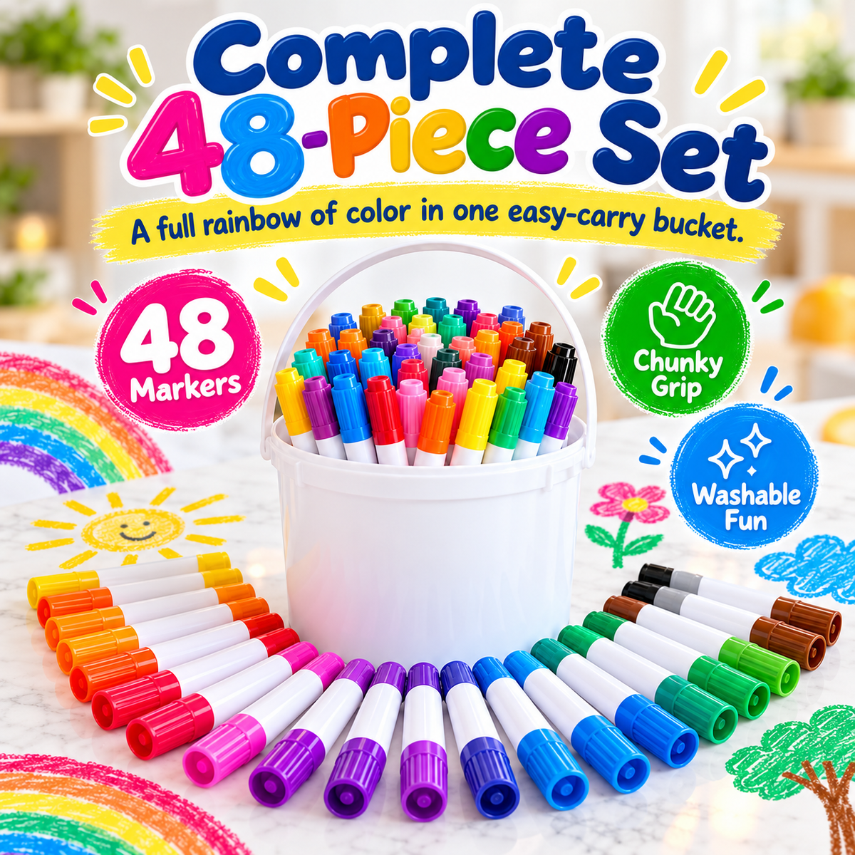 🌈 48-Color Washable Kids Markers – Big Colors for Little Artists 🎨