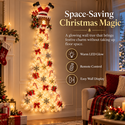 🎅✨ Space-Saving Wall Christmas Tree with Santa Chimney Topper – Remote-Controlled LED Holiday Decoration for Apartments, Entryways & Small Spaces