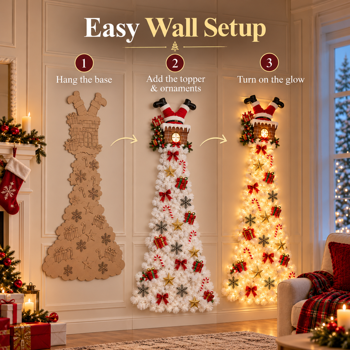 🎅✨ Space-Saving Wall Christmas Tree with Santa Chimney Topper – Remote-Controlled LED Holiday Decoration for Apartments, Entryways & Small Spaces