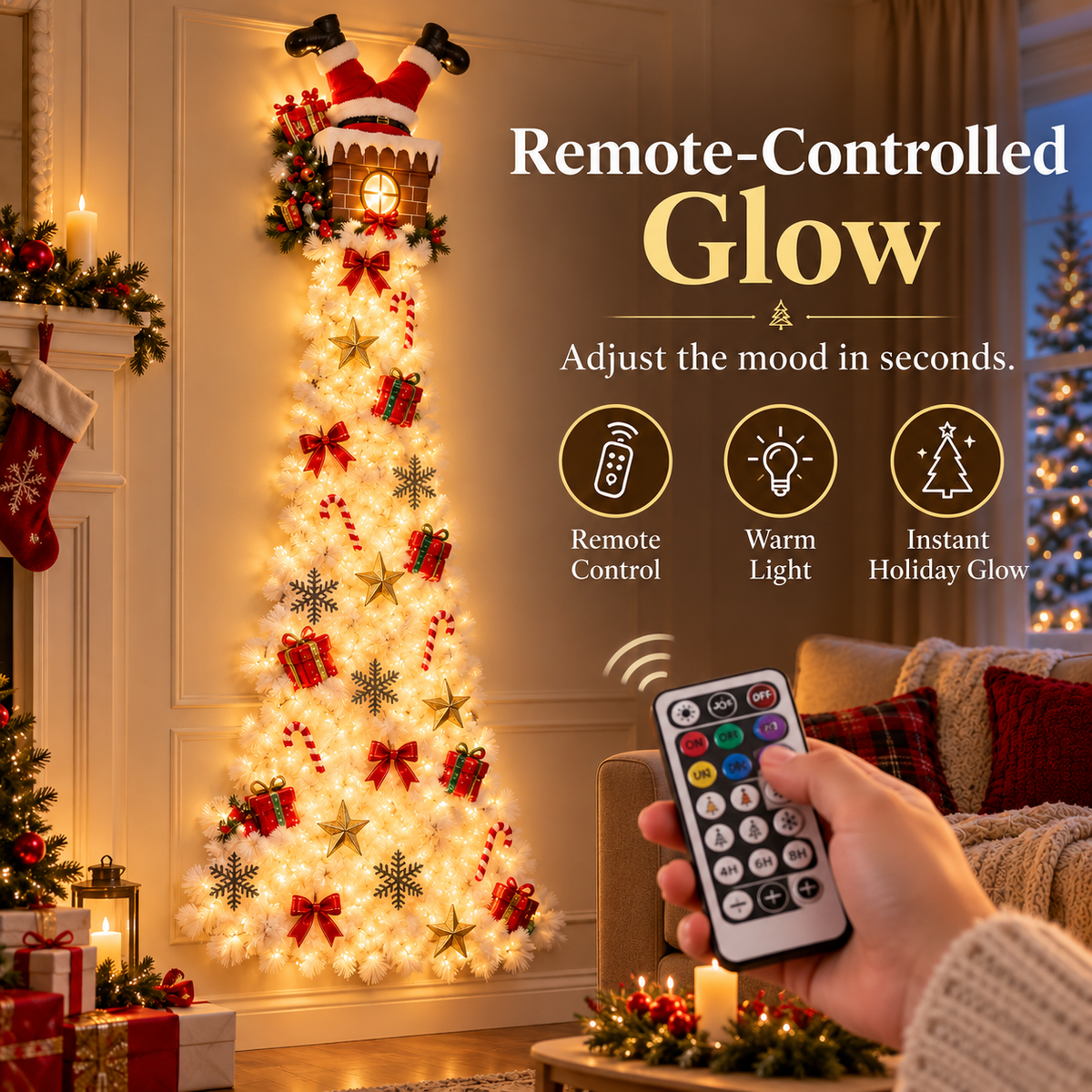 🎅✨ Space-Saving Wall Christmas Tree with Santa Chimney Topper – Remote-Controlled LED Holiday Decoration for Apartments, Entryways & Small Spaces