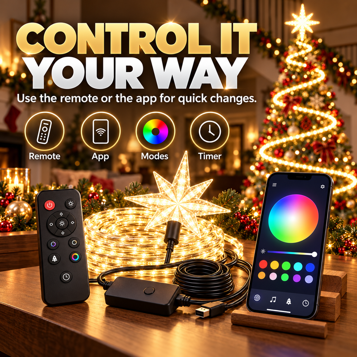 🎄 App-Controlled Christmas Tree Spiral Lights with Star Topper & Remote
