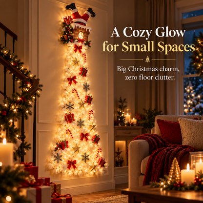 🎅✨ Space-Saving Wall Christmas Tree with Santa Chimney Topper – Remote-Controlled LED Holiday Decoration for Apartments, Entryways & Small Spaces