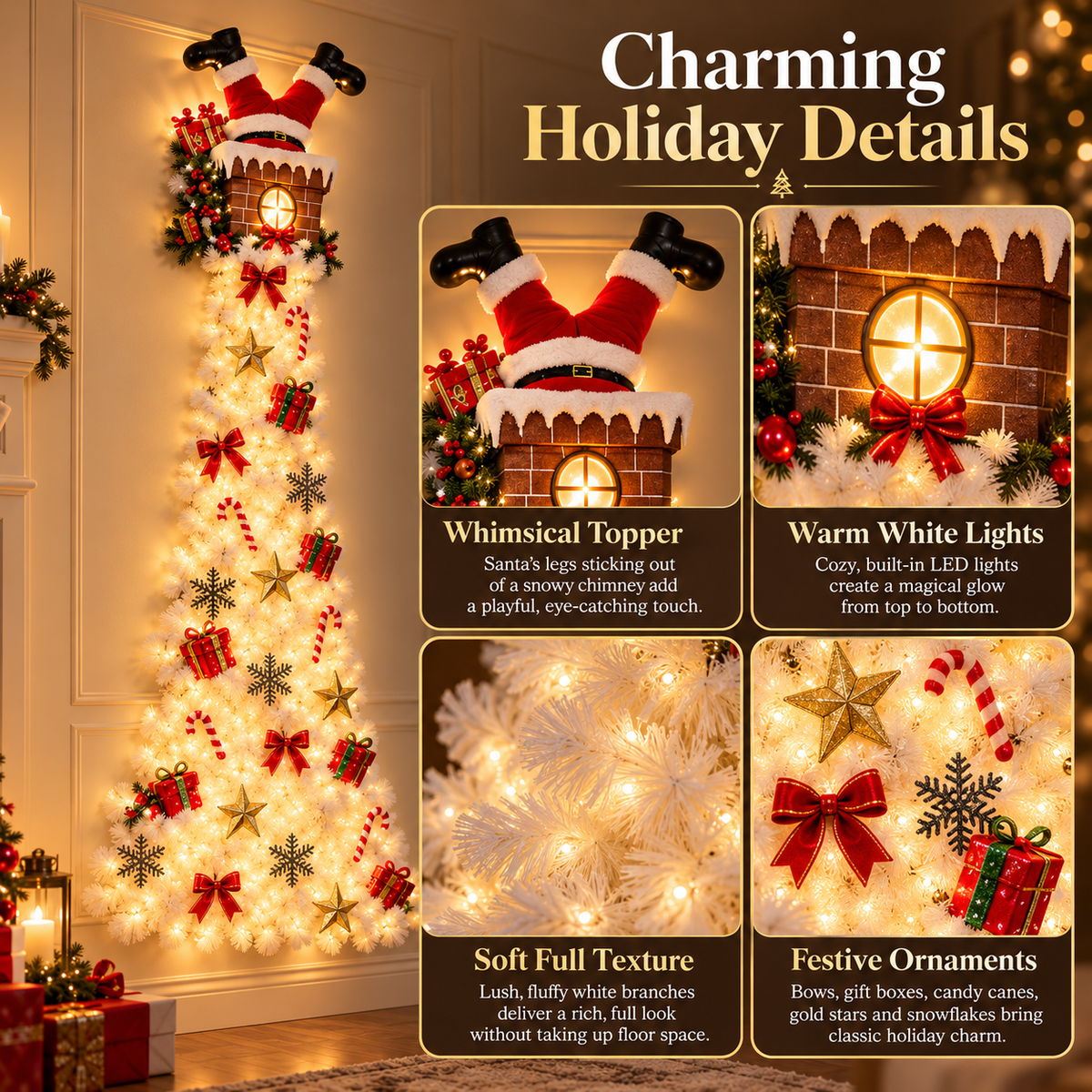 🎅✨ Space-Saving Wall Christmas Tree with Santa Chimney Topper – Remote-Controlled LED Holiday Decoration for Apartments, Entryways & Small Spaces