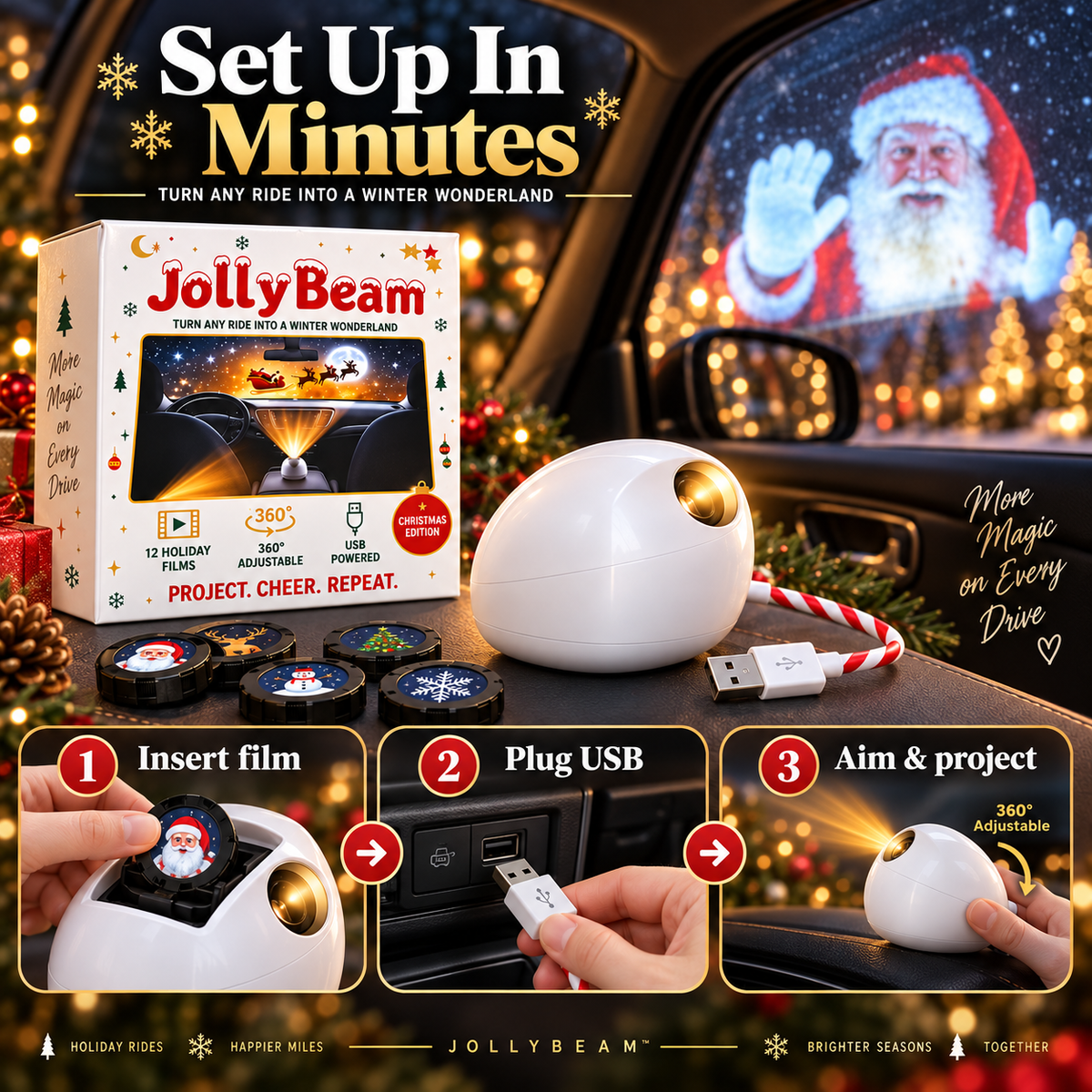 🎄 JollyBeam Car Window Projector ✨ 12 Holiday Films USB Christmas Car Decor