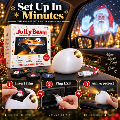 🎄 JollyBeam Car Window Projector ✨ 12 Holiday Films USB Christmas Car Decor