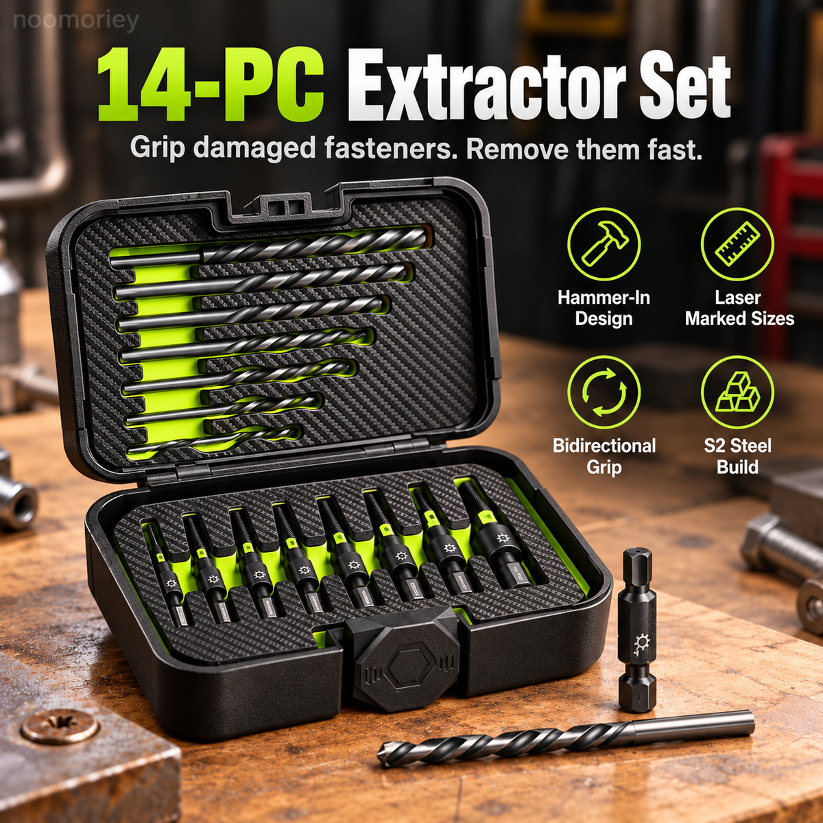 🔩 14-Pc Damaged Fastener Extractor Set ⚡ S2 Steel Screw & Bolt Removal Kit