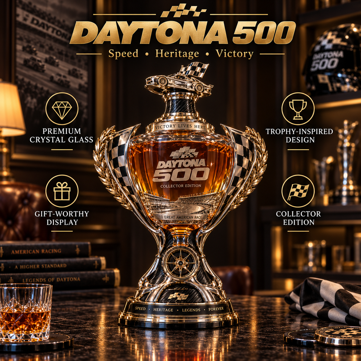 🏁 Daytona 500 Racing Legacy Trophy Whiskey Decanter – Collector’s Edition