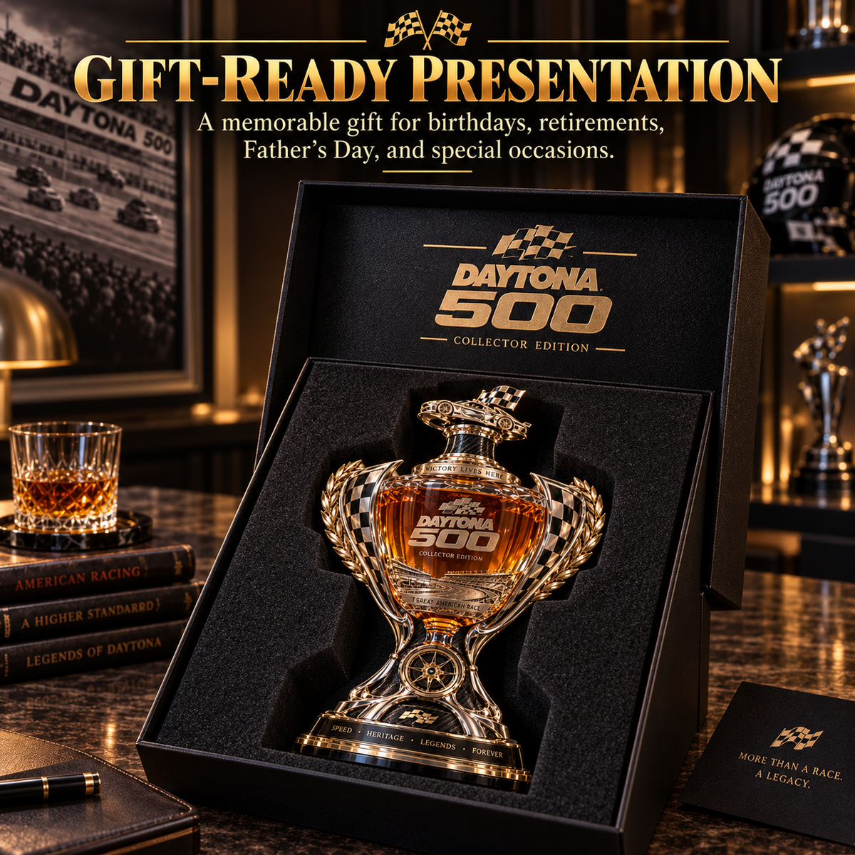 🏁 Daytona 500 Racing Legacy Trophy Whiskey Decanter – Collector’s Edition