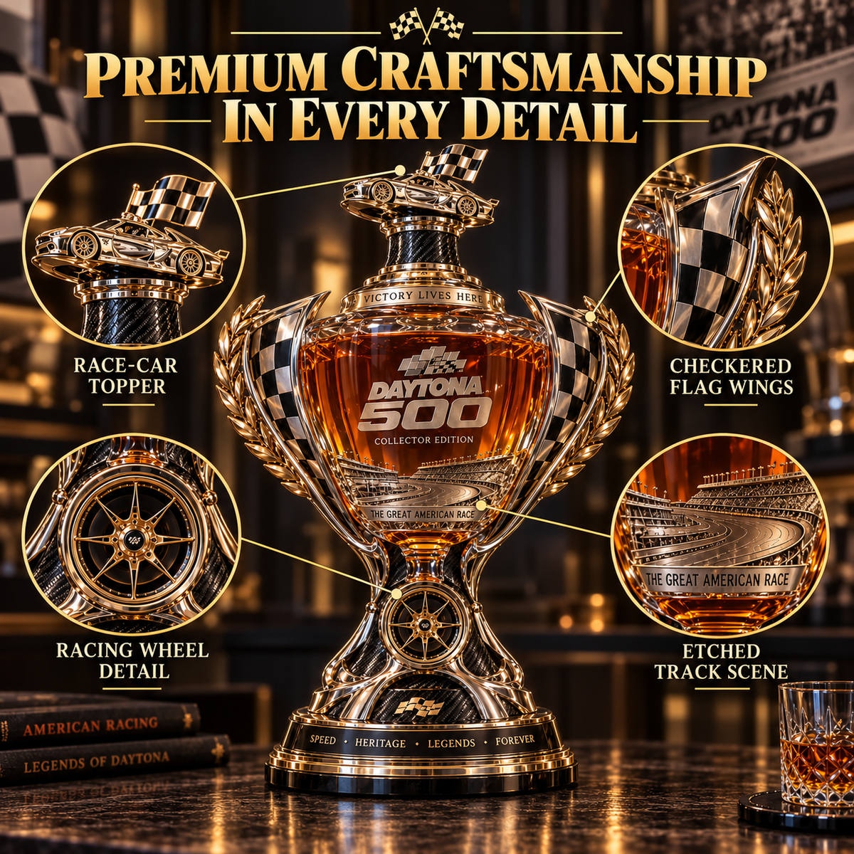 🏁 Daytona 500 Racing Legacy Trophy Whiskey Decanter – Collector’s Edition