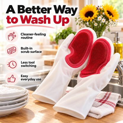 Dishwashing Gloves with Built-In Silicone Scrubber