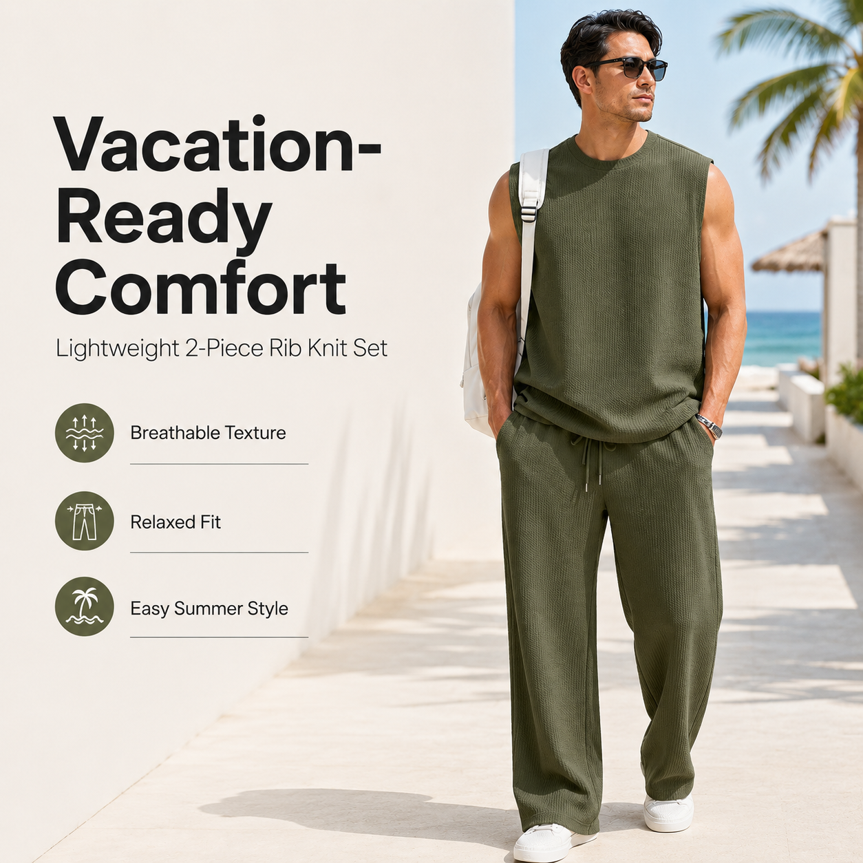 Mens 2 Piece Rib Knit Sweatsuit Summer Sleeveless Tank Top Baggy Wide Leg Pants Set Vacation Beach Outfit for Men