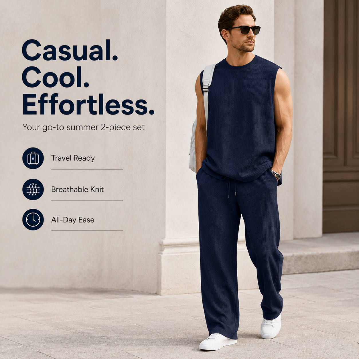 Mens 2 Piece Rib Knit Sweatsuit Summer Sleeveless Tank Top Baggy Wide Leg Pants Set Vacation Beach Outfit for Men