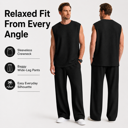 Mens 2 Piece Rib Knit Sweatsuit Summer Sleeveless Tank Top Baggy Wide Leg Pants Set Vacation Beach Outfit for Men